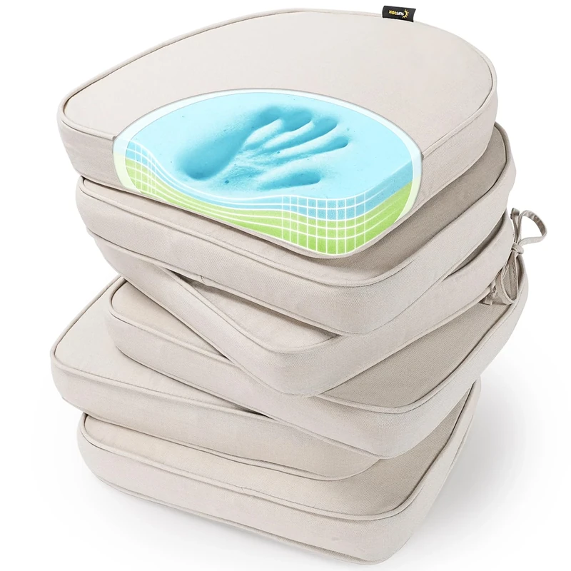 SUNROX Gel Memory Foam Chair Cushions, FadeShield Water-, Stain-Resistant Durable Reversible Seat Cushion Pads with Ties for Indoor/Outdoor Kitchen Dining Office, 17"x16", Set of 6, Cream