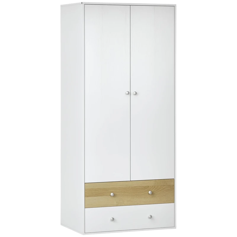 HOMCOM 2 Door Wardrobe White Wardrobe with Drawers and Hanging Rod for Bedroom