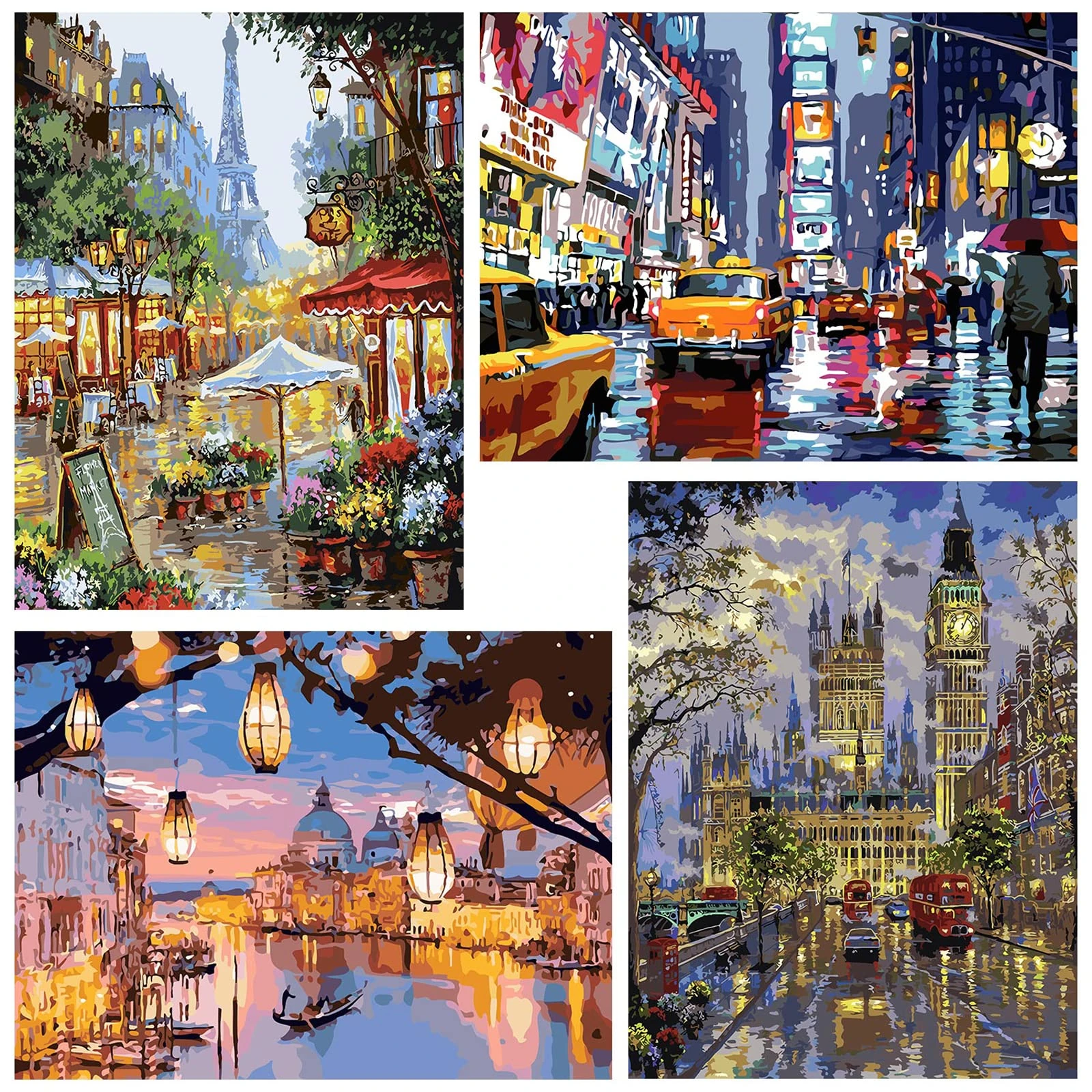 Mrnsiet 4 Pack Paint by Numbers for Adults，Landscape City Paint by Numbers for Adults Beginner,London Paris Venice New York Oil Painting for Home Wall Decor Inch12x16