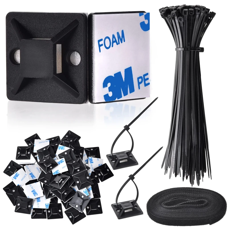 GOLDEROC Cable Ties Set, 100Pcs Black Cable Ties, 70Pcs Self Adhesive Cable Clips Cable Holders Pads, Zip Ties Mount Base with 2.5m Double Sided Reusable Nylon Sticky Tape for Home Office Workshop