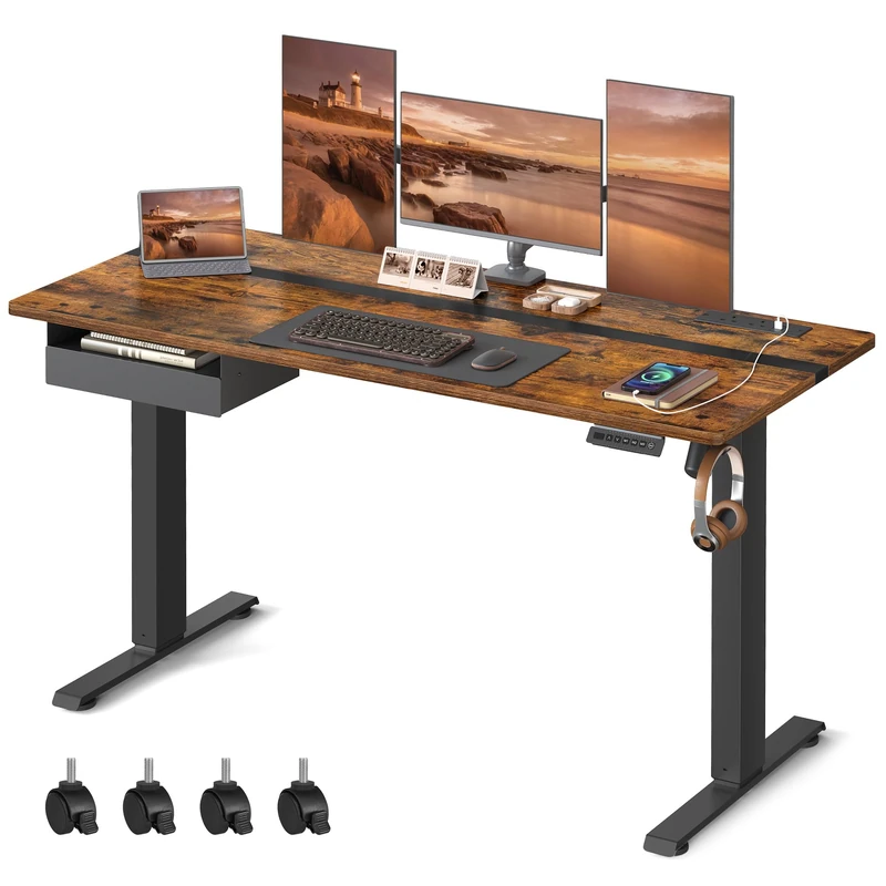 VASAGLE Height Adjustable Electric Standing Desk, 60 x 140 cm Desktop, Continuous Adjustment, Memory Function with 4 Heights, Rustic Brown and Black LSD114X11