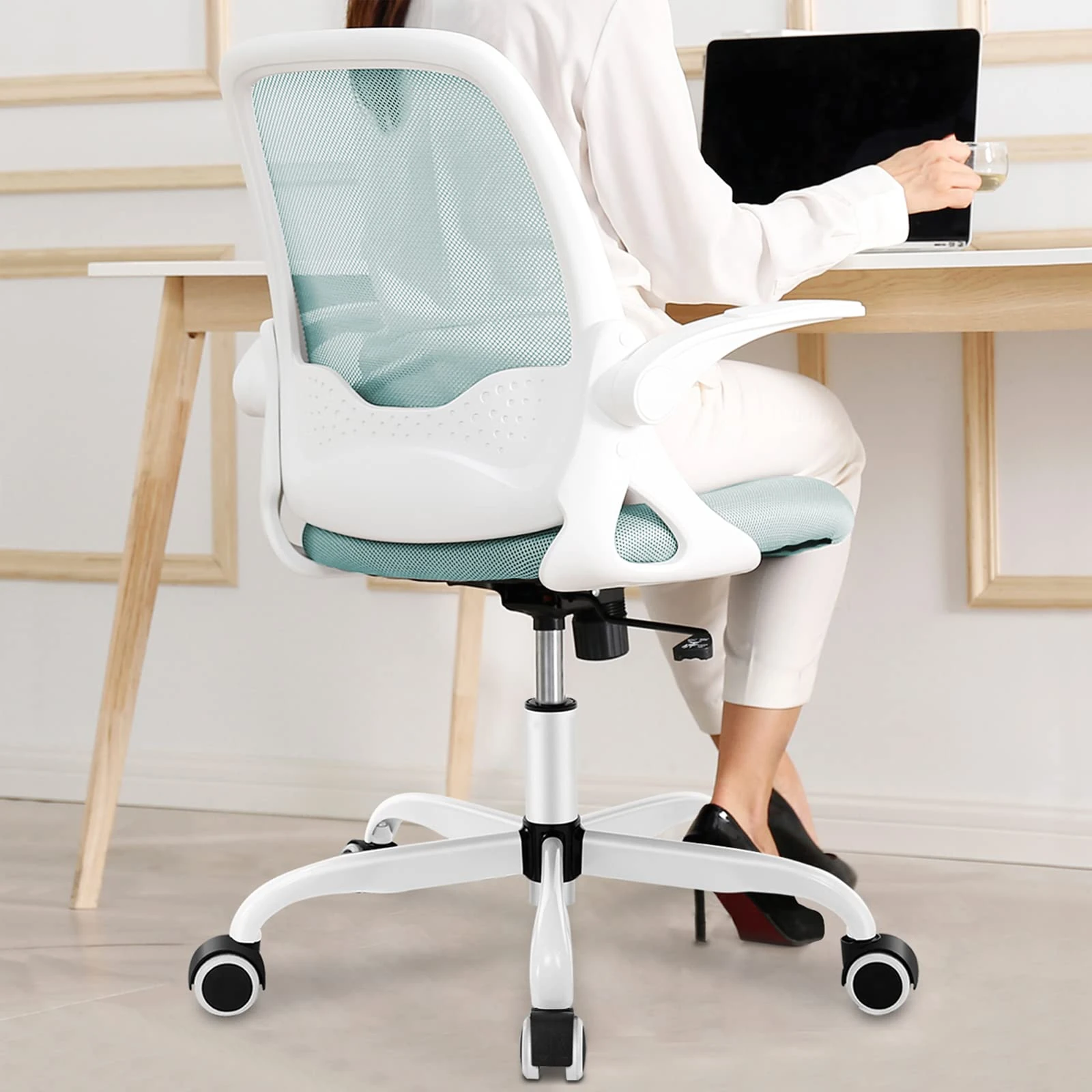 KERDOM Ergonomic Desk Chair, Breathable Mesh Computer Chair with Flip-up Armrests and Adjustable Height, Mint Green, Size: 933
