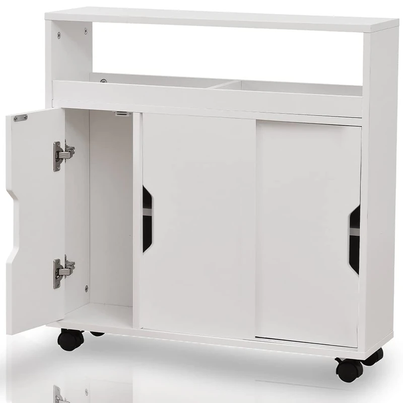 BAKAJI Space-Saving Cabinet, Ideal for Bathrooms, Kitchens and Narrow Spaces, Slim White Storage Cabinet, Sturdy Furniture with 360 Degree Swivel Wheels, 2 Sliding Doors and 1 Hinge, 70 x 20 x 71 H cm