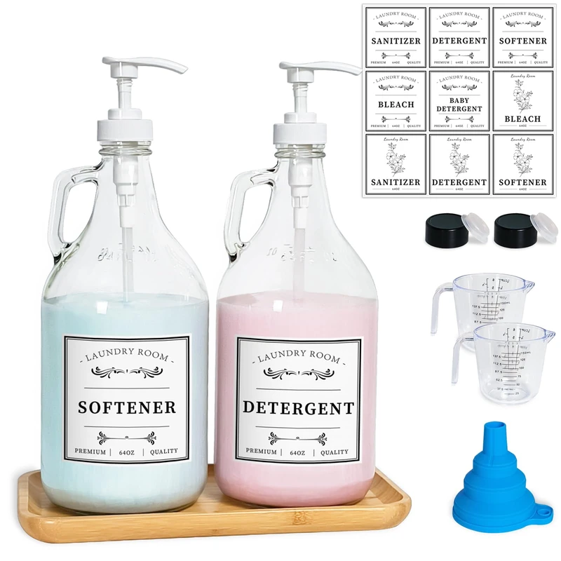 LIKAJON Glass Laundry Detergent Dispenser, Liquid Laundry Soap Dispenser for Laundry Room, 64oz Detergent Bleach Softener Dispenser for Farmhouse Decor, includes Pumps, Funnel, Labels and Bamboo Tray