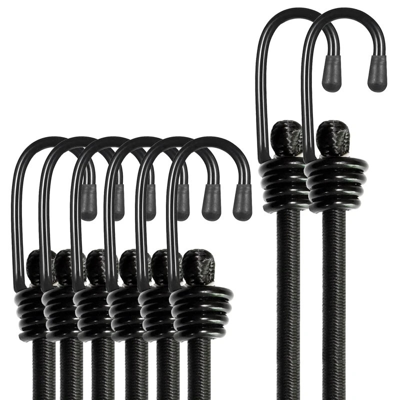 BEXSLE Bungee Cords With Hooks, Heavy Duty Outdoor Elastic Bungee Straps，No odour Industrial Grade bungee rope For Securing Tarps, Luggage,Tents, Bikes or garden tidying 24in6pcs + 48in2pcs (Black)