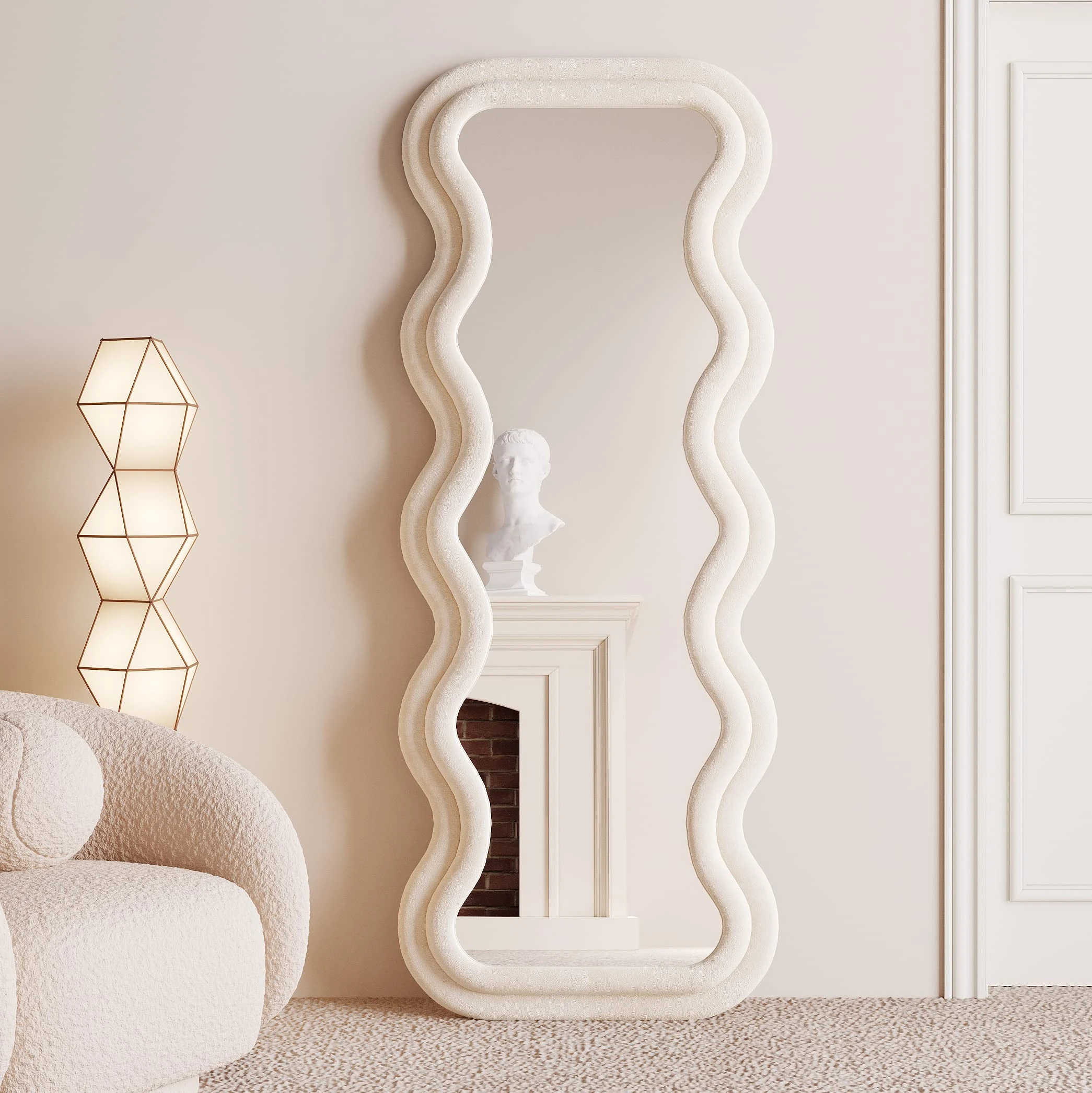 BOJOY Full Length Mirror 63"x24", Irregular Wavy for Standing Hanging or Leaning Against Wall for Bedroom, Flannel Wrapped Wooden Frame-White
