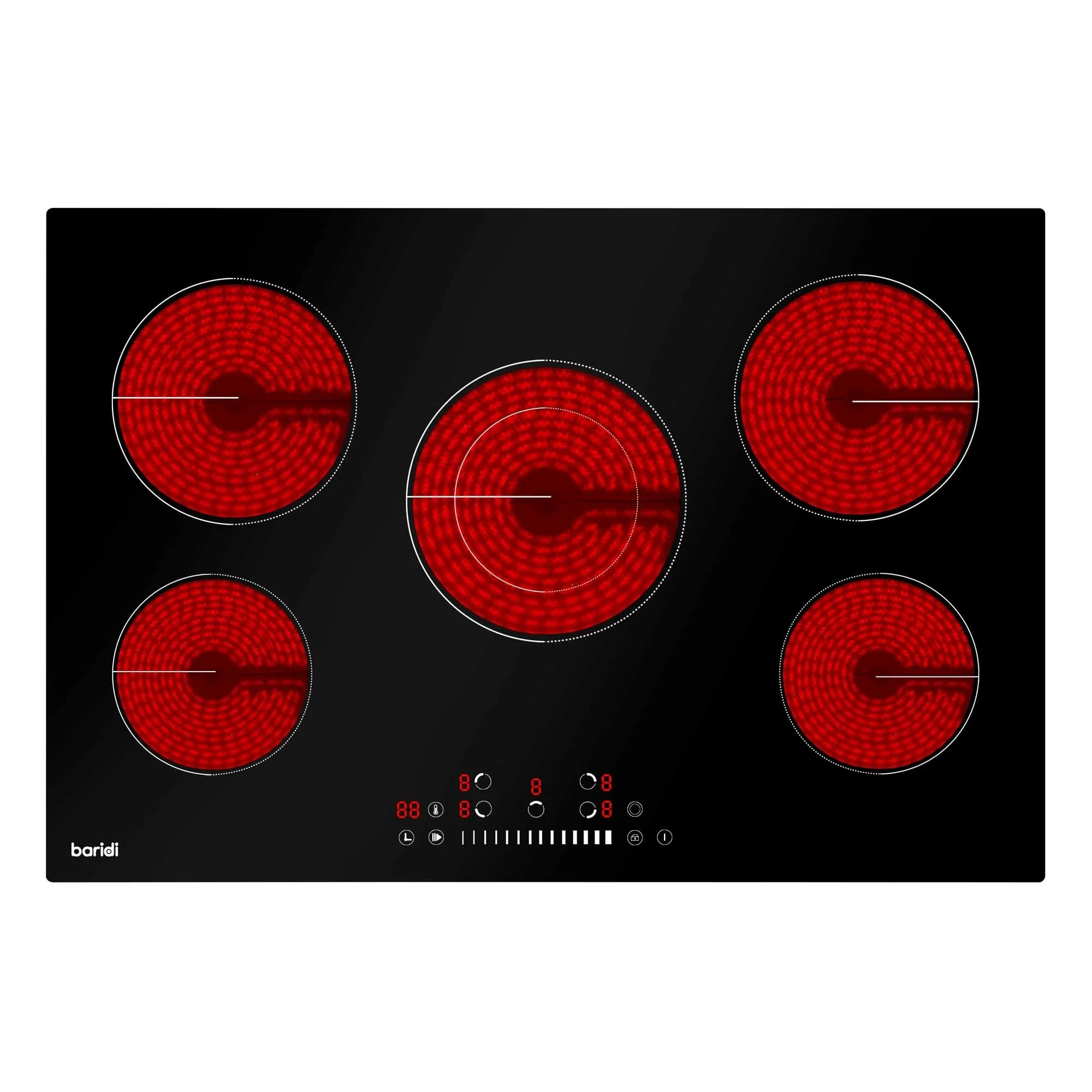 Baridi 77cm Built-In Ceramic Hob with 5 Cooking Zones, Black Glass, 8200W with Slider Touch Controls, Timer, Residual Heat Indicator and Child Safety Lock, Hardwired - DH175