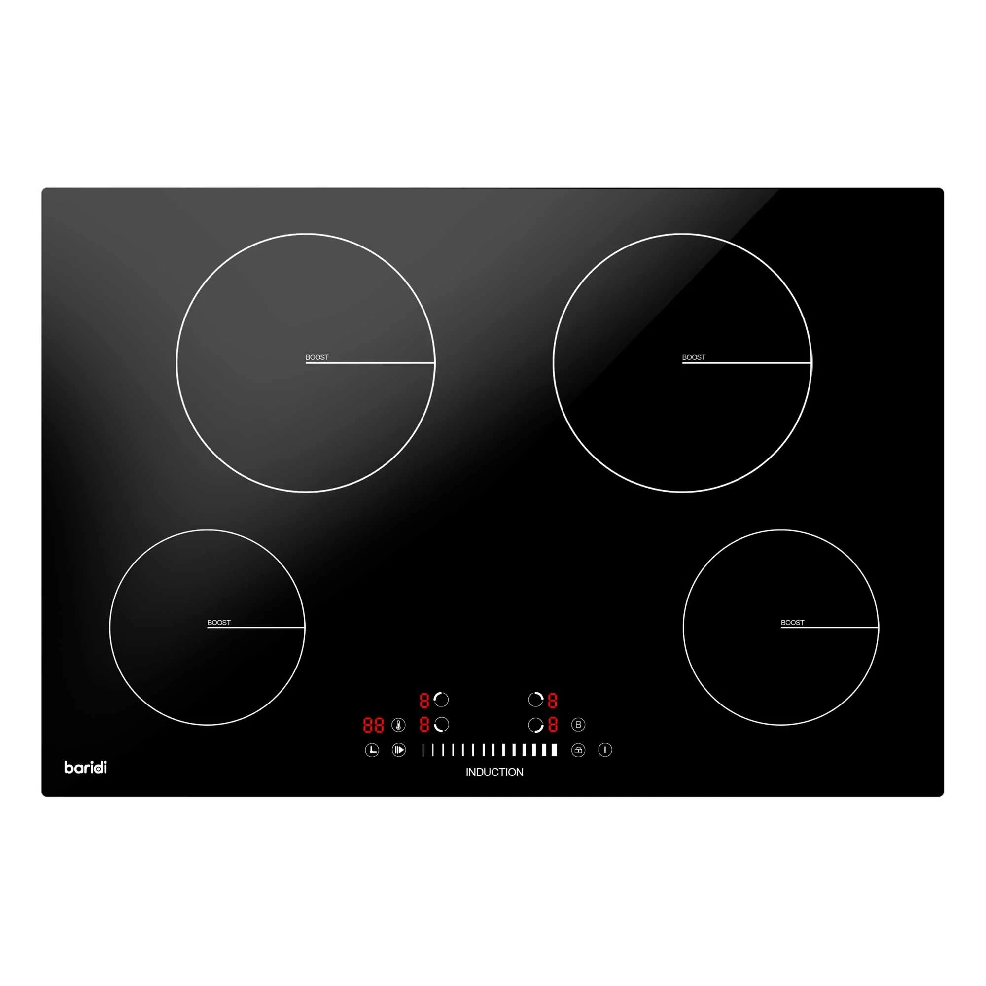 Baridi 77cm Built-In Induction Hob with 4 Cooking Zones, 7200W, Boost Function, 9 Power Levels, Touch Control & Timer, Hardwired - DH179