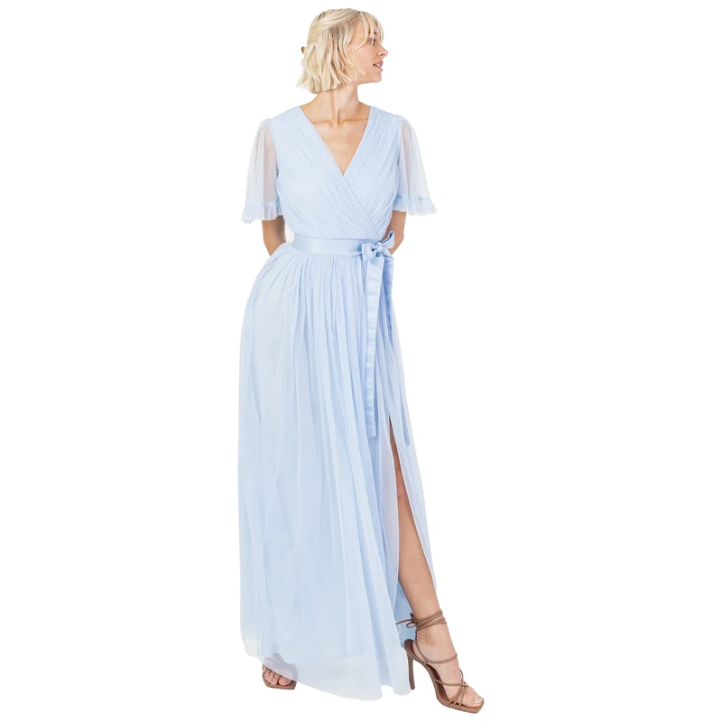 Anaya with Love Ladies Maxi Dress for Women V Neckline Short Sleeve Frilly Long Empire Waist for Wedding Guest Bridesmaid Maid of Honour Light Blue Size 14