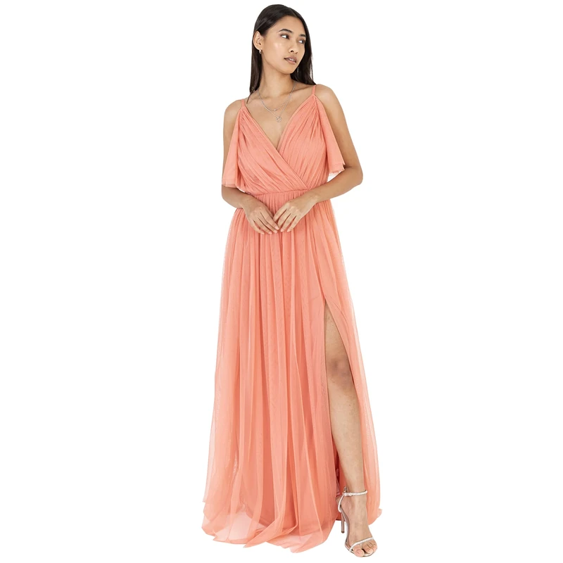 Anaya with Love Women's Ladies Women Long Length Maxi Short Sleeve Cami V Neckline Long Length Empire Waist Bridesmaid Dress, Coral Pink, 12 UK