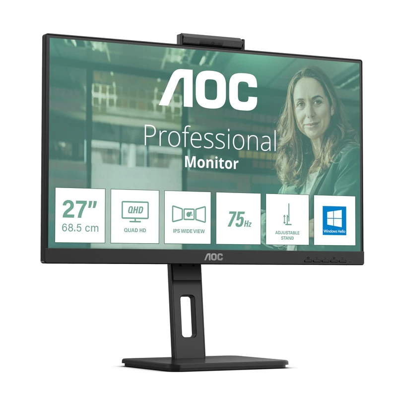 AOC Q27P3CW- 27 Inch QHD Monitor, 75Hz, IPS, WebCam, Height Adjust, Speakers, USB HUB, USB-C PD 65W, Flicker Free (2560x 1440 100Hz, HDMI 2.0 / DP 1.4 / USB-C / USB 3.2)