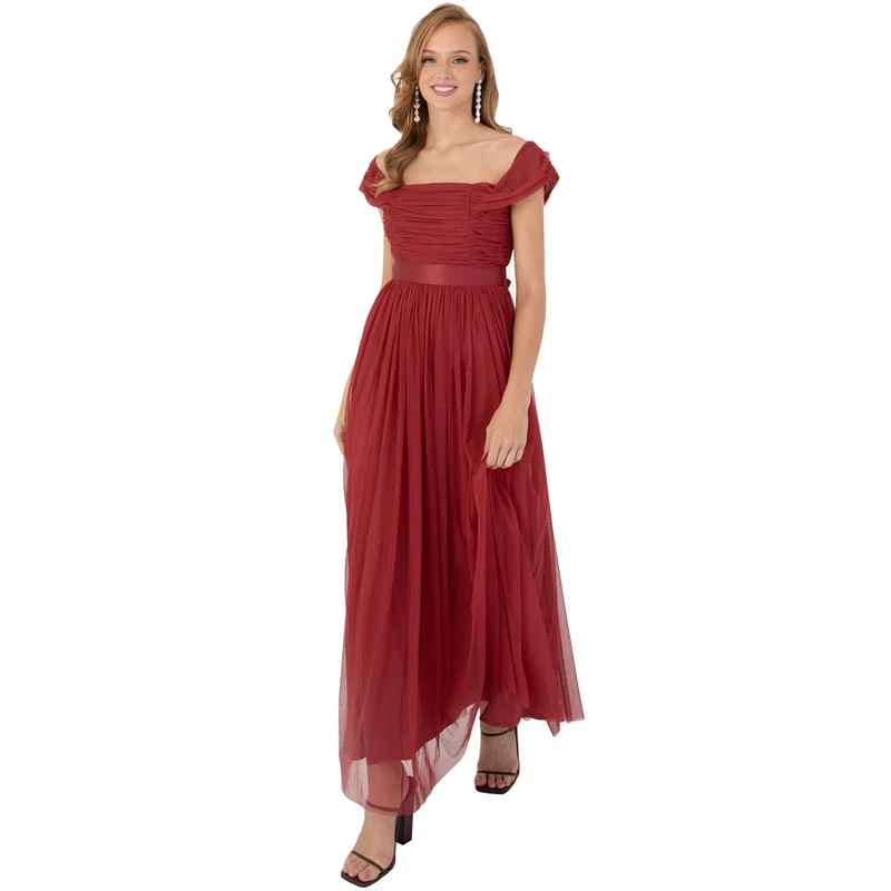 Anaya with Love Womens Ladies Maxi Bardot Off Shoulder Belt Long Empire Waist for Wedding Guest Prom Evening Gown Bridesmaid Red Dress, Garent, 30 UK