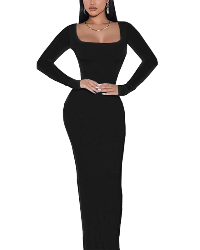 Doweha Women's Square Neck Long Sleeve Maxi Dress Sexy Knit Bodycon Long Dress for Women, A-Black-Long Sleeve, L