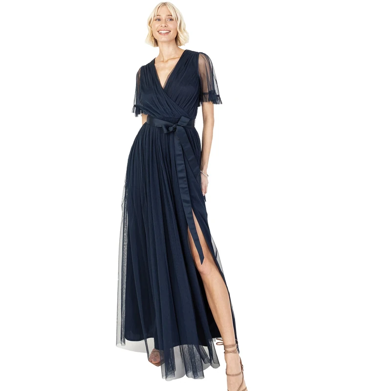 Anaya with Love Ladies Maxi Dress for Women V Neckline Short Sleeve Frilly Long Empire Waist for Wedding Guest Bridesmaid Maid of Honour Navy Blue Size 30