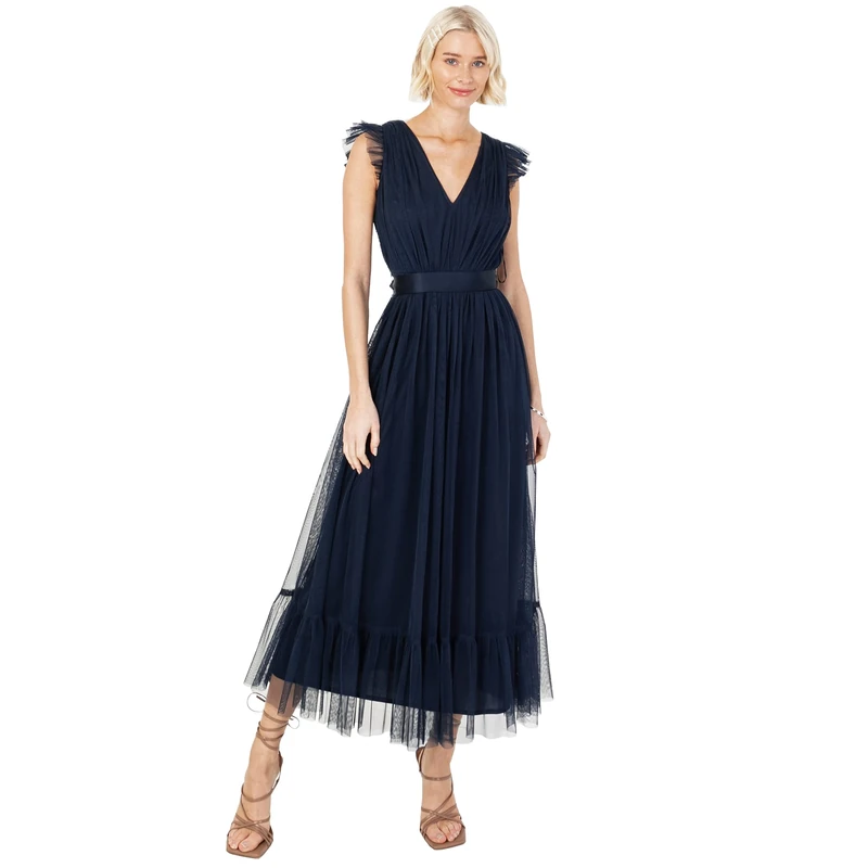 Anaya with Love Ladies Midaxi Dress for Women V Neckline Sleeveless Frilly for Wedding Guest Bridesmaid Prom Long High Empire Waist Tiered Navy Blue Size 28