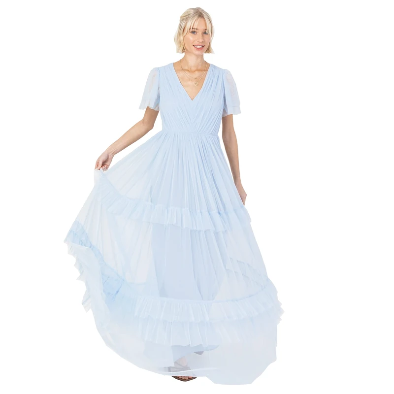 Anaya with Love Ladies Maxi Dress for Women Short Sleeve Evening Ball Gown Tiered V Neck Bow Tie Bridesmaid Wedding Guest Prom Long ,Light Blue,24