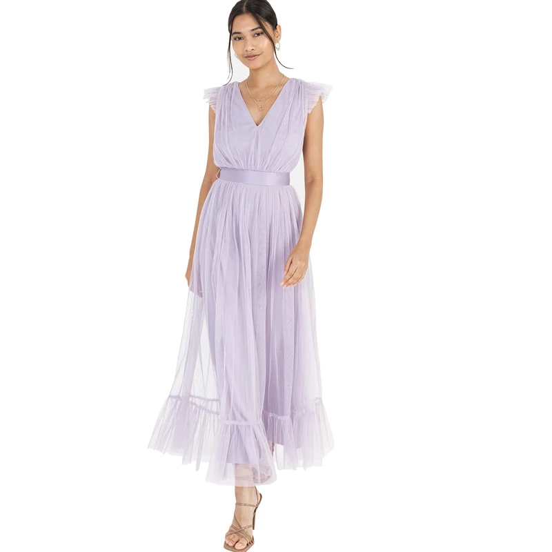 Anaya with Love Ladies Midaxi Dress for Women V Neckline Sleeveless Frilly for Wedding Guest Bridesmaid Prom Long High Empire Waist Tiered Dusty Lilac Size 14