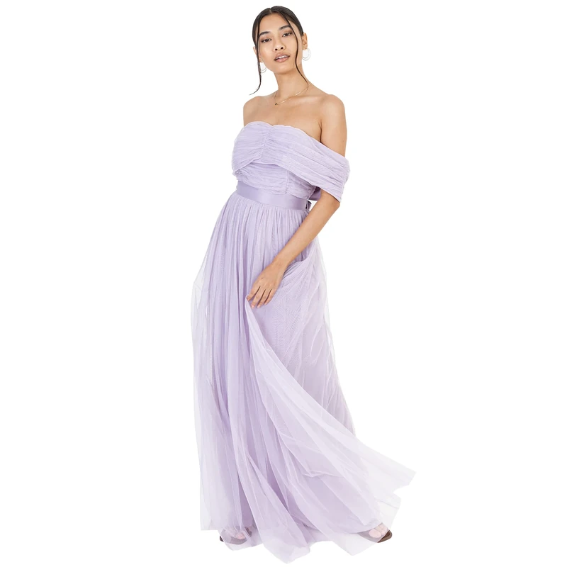 Anaya with Love Womens Ladies Maxi Dress Bardot Off Shoulder with Belt Long Empire Waist for Wedding Guest Prom Evening Gown Bridesmaid Dusty Lilac Size 16