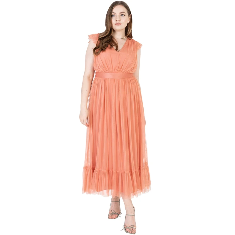 Anaya with Love Women's Maxi Dress for Women V Neckline Sleeveless Frilly for Wedding Guest Bridesmaid Prom Long High Empire Waist Tiered Dress (Pack of 1), Coral Pink, 18