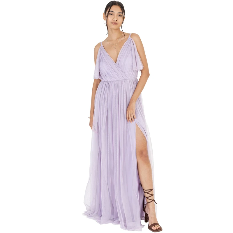 Anaya with Love Women's Ladies Women Long Length Maxi Short Sleeve Cami V Neckline Long Length Empire Waist Bridesmaid Dress, Moody Lilac, 24 UK