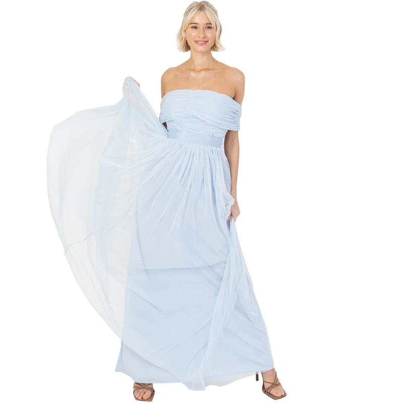 Anaya with Love Womens Ladies Maxi Dress Bardot Off Shoulder with Belt Long Empire Waist for Wedding Guest Prom Evening Gown Bridesmaid Dress for Women, Light Blue, 20