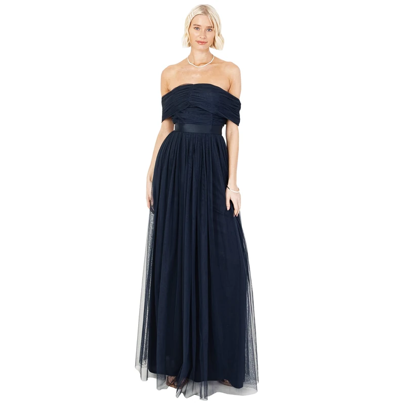 Anaya with Love Women's Womens Ladies Maxi Bardot Off Shoulder Belt Long Empire Waist for Wedding Guest Prom Even Dress, Navy Blue, 8 UK