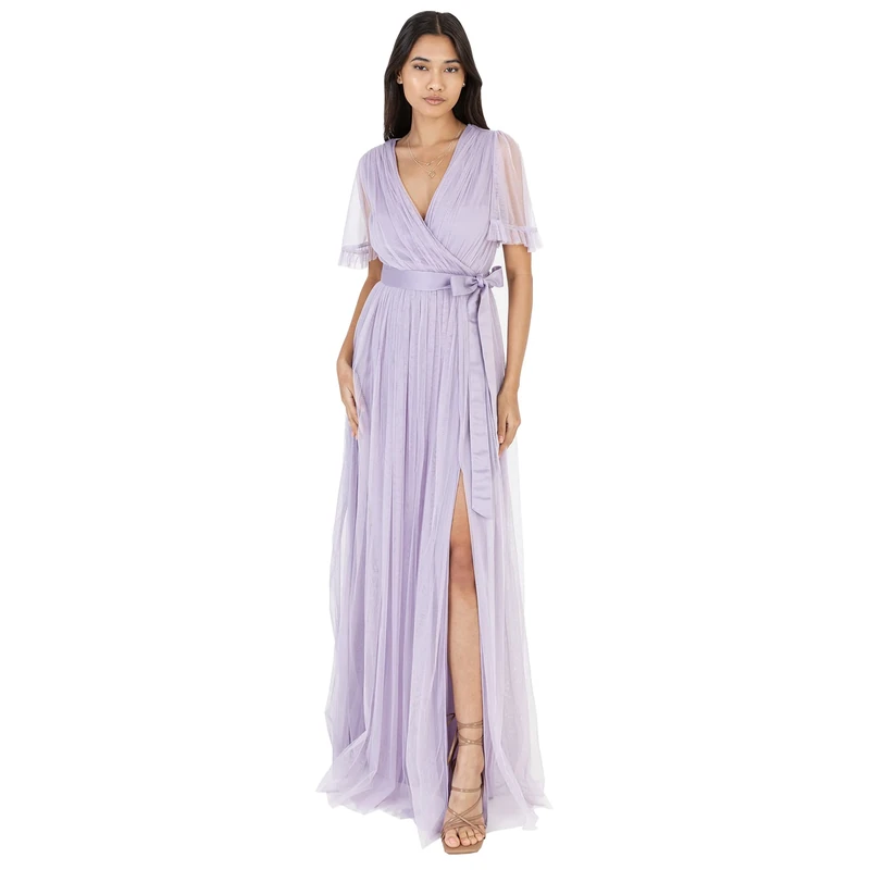 Anaya with Love Ladies Maxi Dress for Women V Neckline Short Sleeve Frilly Long Empire Waist for Wedding Guest Bridesmaid Maid of Honour Dusty Lilac Size 28