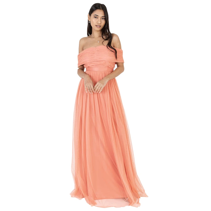 Anaya with Love Womens Ladies Maxi Dress Bardot Off Shoulder with Belt Long Empire Waist for Wedding Guest Prom Evening Gown Bridesmaid Coral Pink Size 26