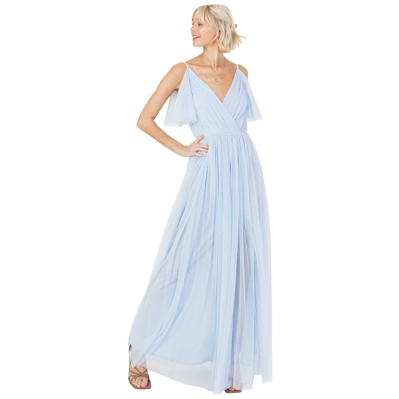 Anaya with Love Ladies Women Long Length Dress Maxi Short Sleeve Cami V Neckline Long Length Empire Waist Bridesmaid Wedding Guest Prom Light Blue Size 10
