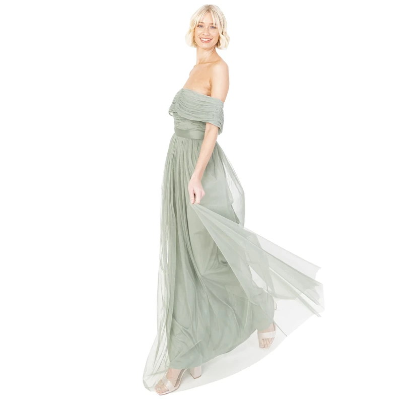 Anaya with Love Womens Ladies Maxi Dress Bardot Off Shoulder with Belt Long Empire Waist for Wedding Guest Prom Evening Gown Bridesmaid Frosty Green Size 12