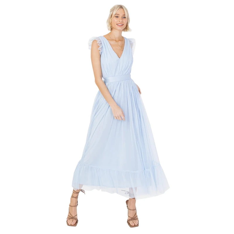 Anaya with Love Ladies Midaxi Dress for Women V Neckline Sleeveless Frilly for Wedding Guest Bridesmaid Prom Long High Empire Waist Tiered Light Blue Size 30