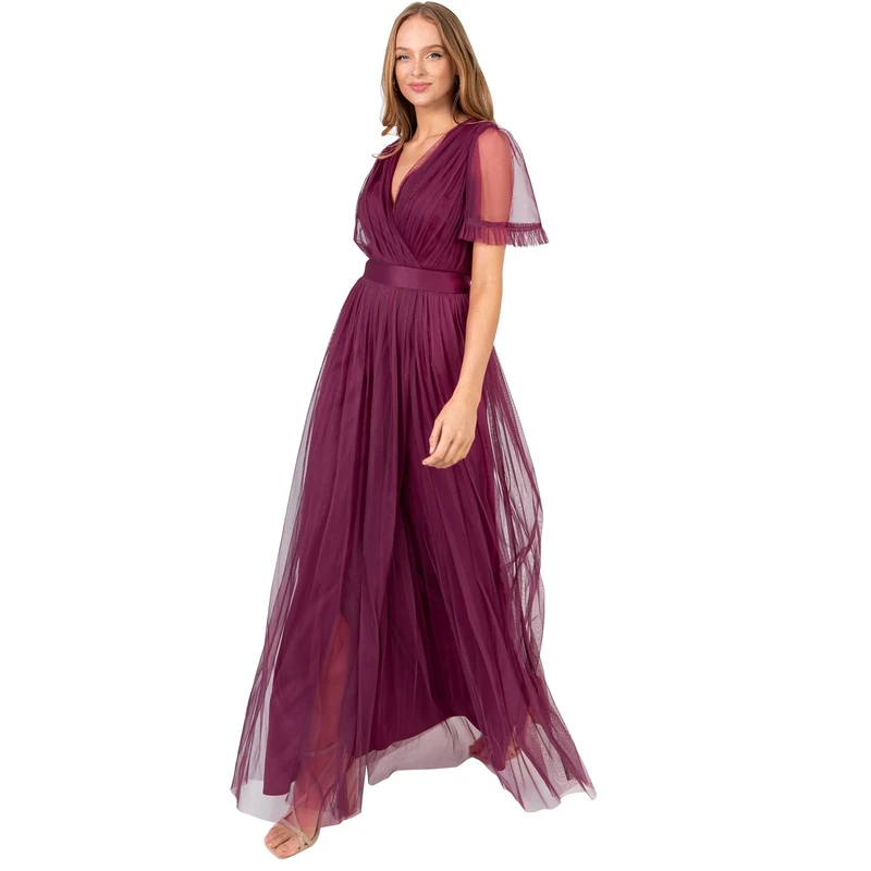 Anaya with Love Women's Ladies Maxi for Women V Neckline Short Sleeve Frilly Long Empire Waist Wedding Guest Bride Dress, Plum, 10 UK