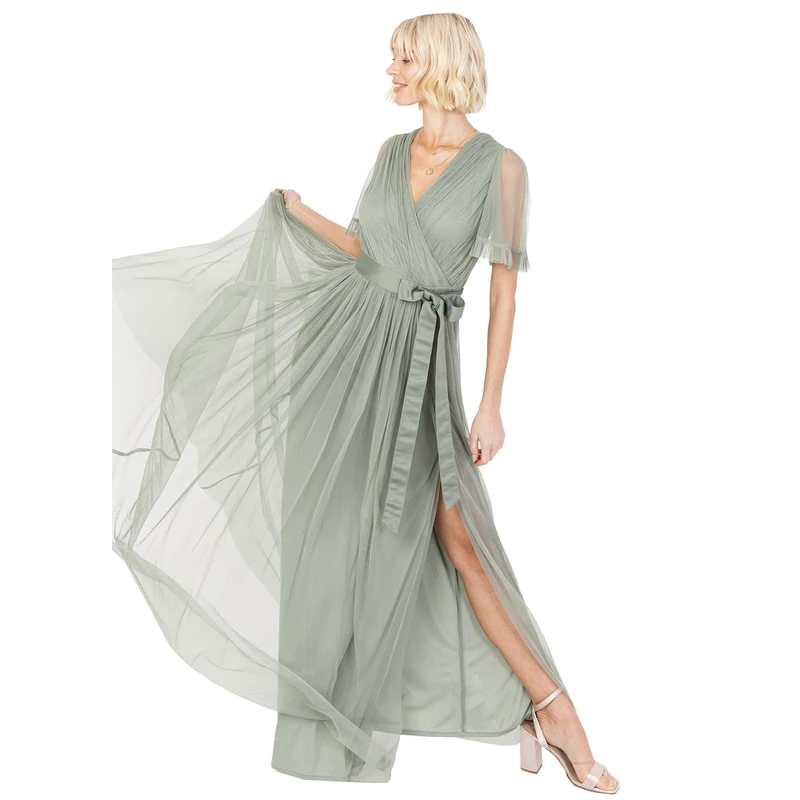 Anaya with Love Ladies Maxi Dress for Women V Neckline Short Sleeve Frilly Long Empire Waist for Wedding Guest Bridesmaid Maid of Honour Frosty Green Size 22