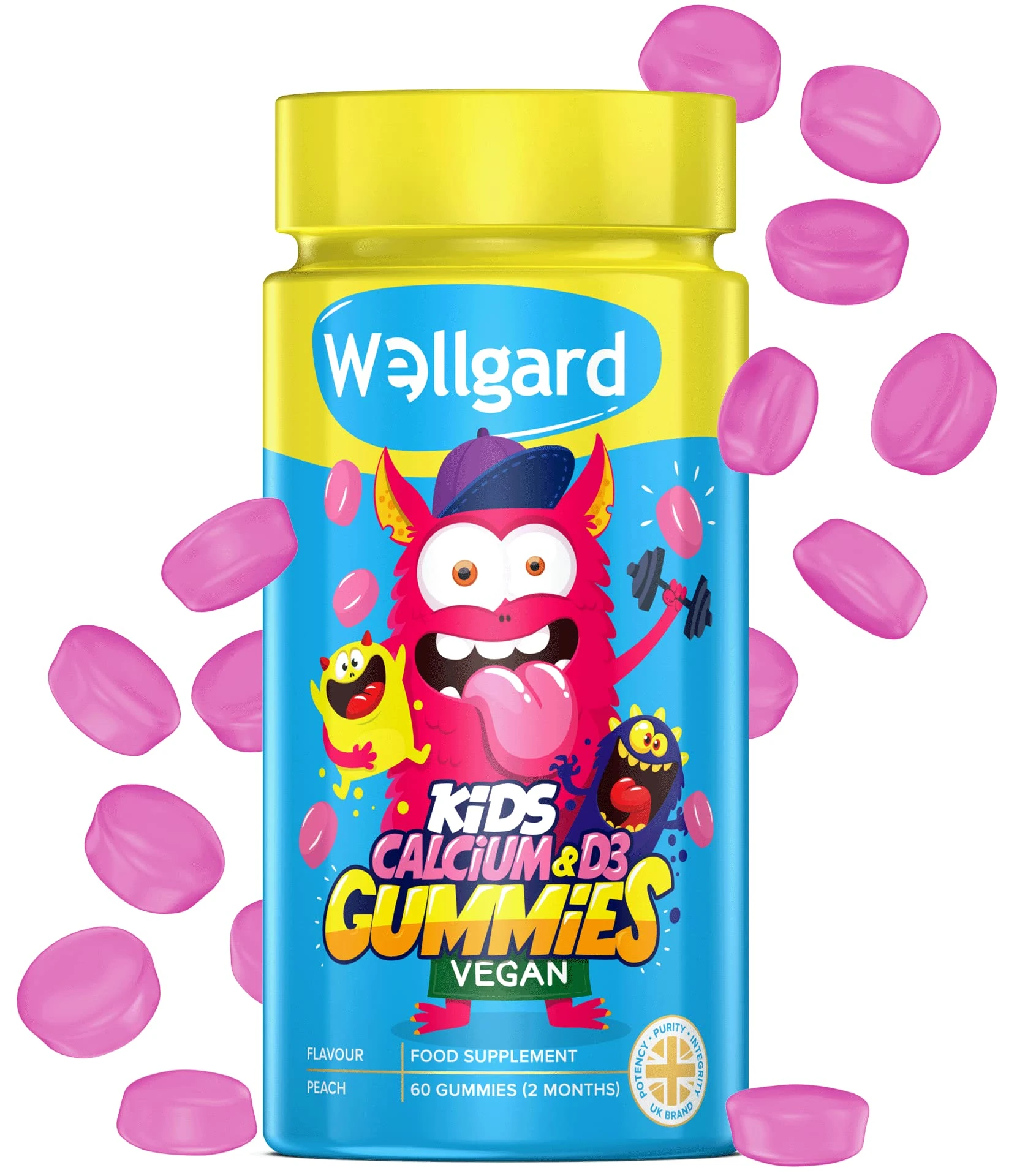 Wellgard Kids Calcium & D3 Gummies - 2 Month Supply - Vegan Chewable Calcium and Vitamin D3 Gummies, Mixed Berry Flavour