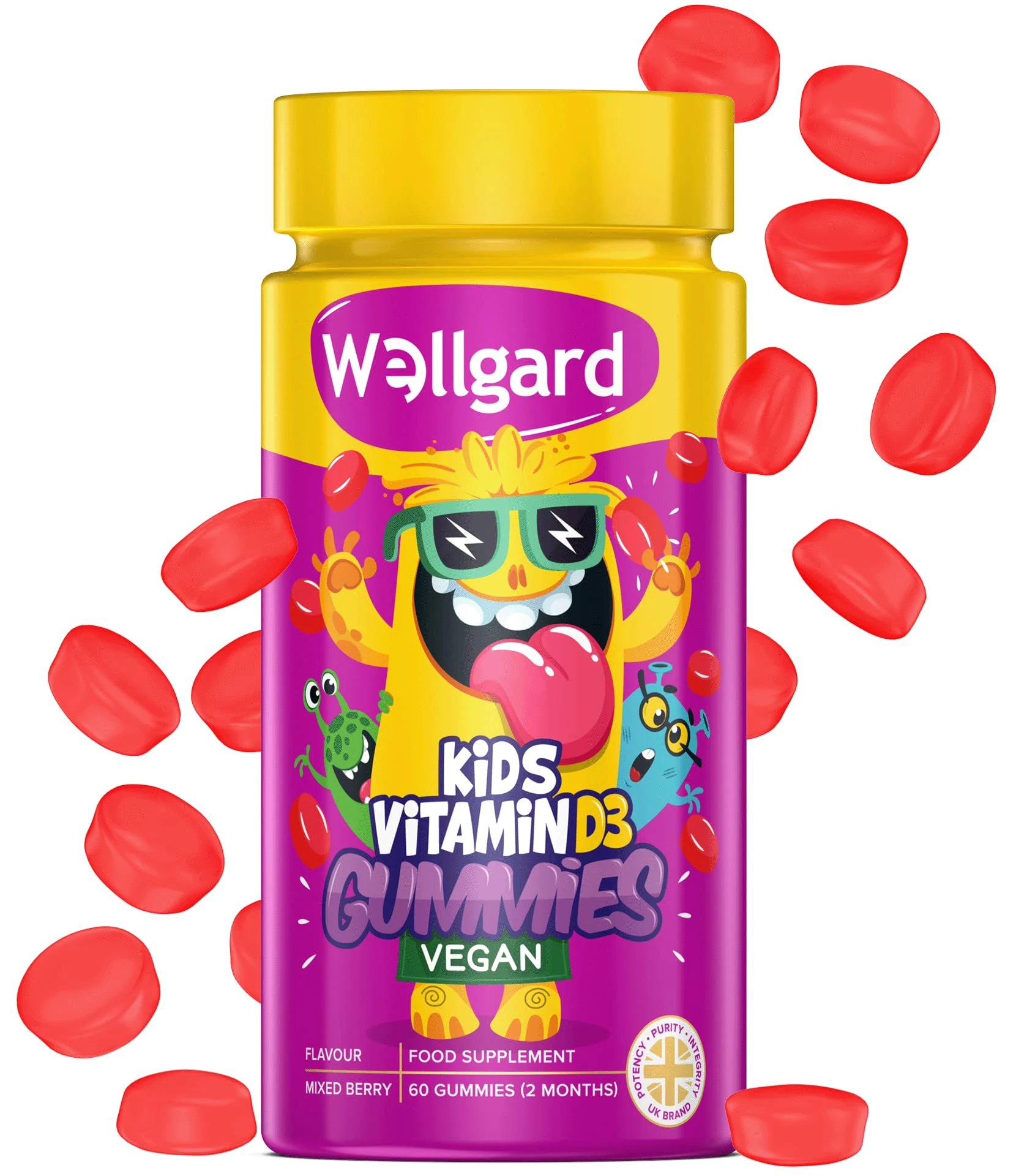 Wellgard Kids Vitamin D3 Gummies - 2 Month Supply - Vegan Chewable Vitamin D Gummies, Mixed Berry Flavour