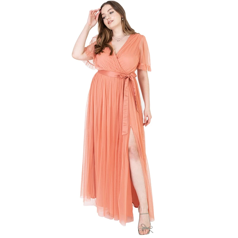 Anaya with Love Ladies Maxi Dress for Women V Neckline Short Sleeve Frilly Long Empire Waist for Wedding Guest Bridesmaid Maid of Honour Coral Pink Size 22