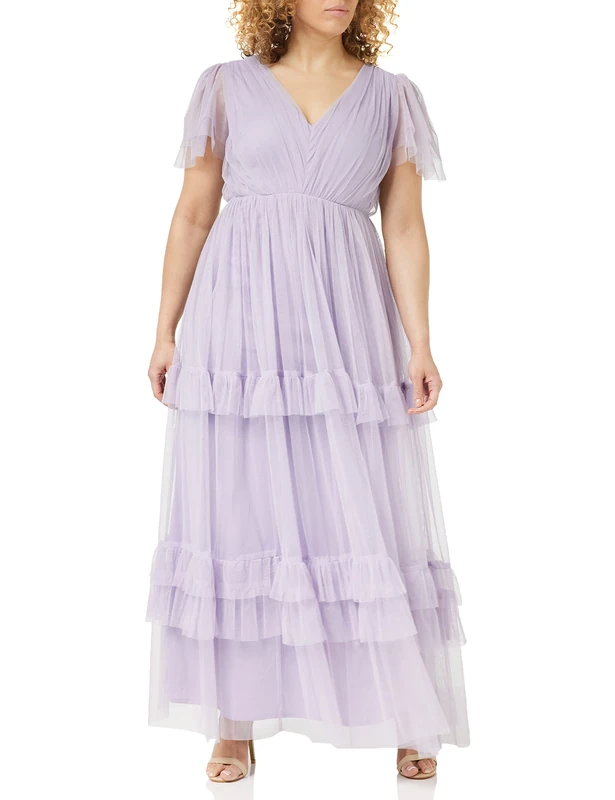 Anaya with Love Ladies Maxi Dress for Women Short Sleeve Evening Ball Gown Tiered V Neck Bow Tie Bridesmaid Wedding Guest Prom Long ,Dusty Lilac,22