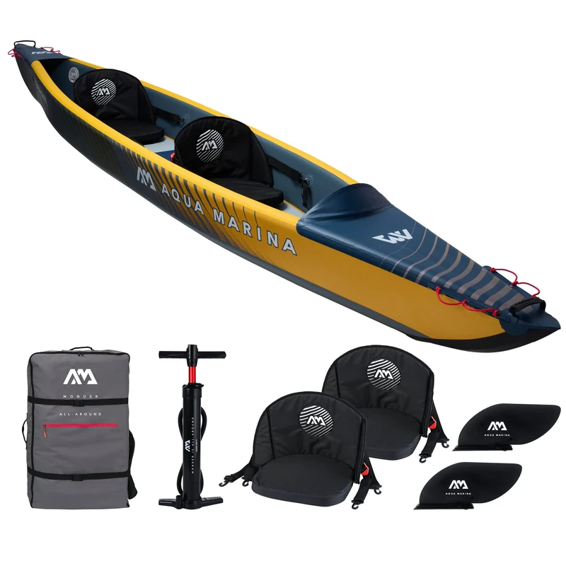 Aqua Marina Tomahawk, AIR-K High Pressure Drop-Stitch Premium Inflatable Kayak, for 2 Person, 440 cm Length, Marine/Yellow