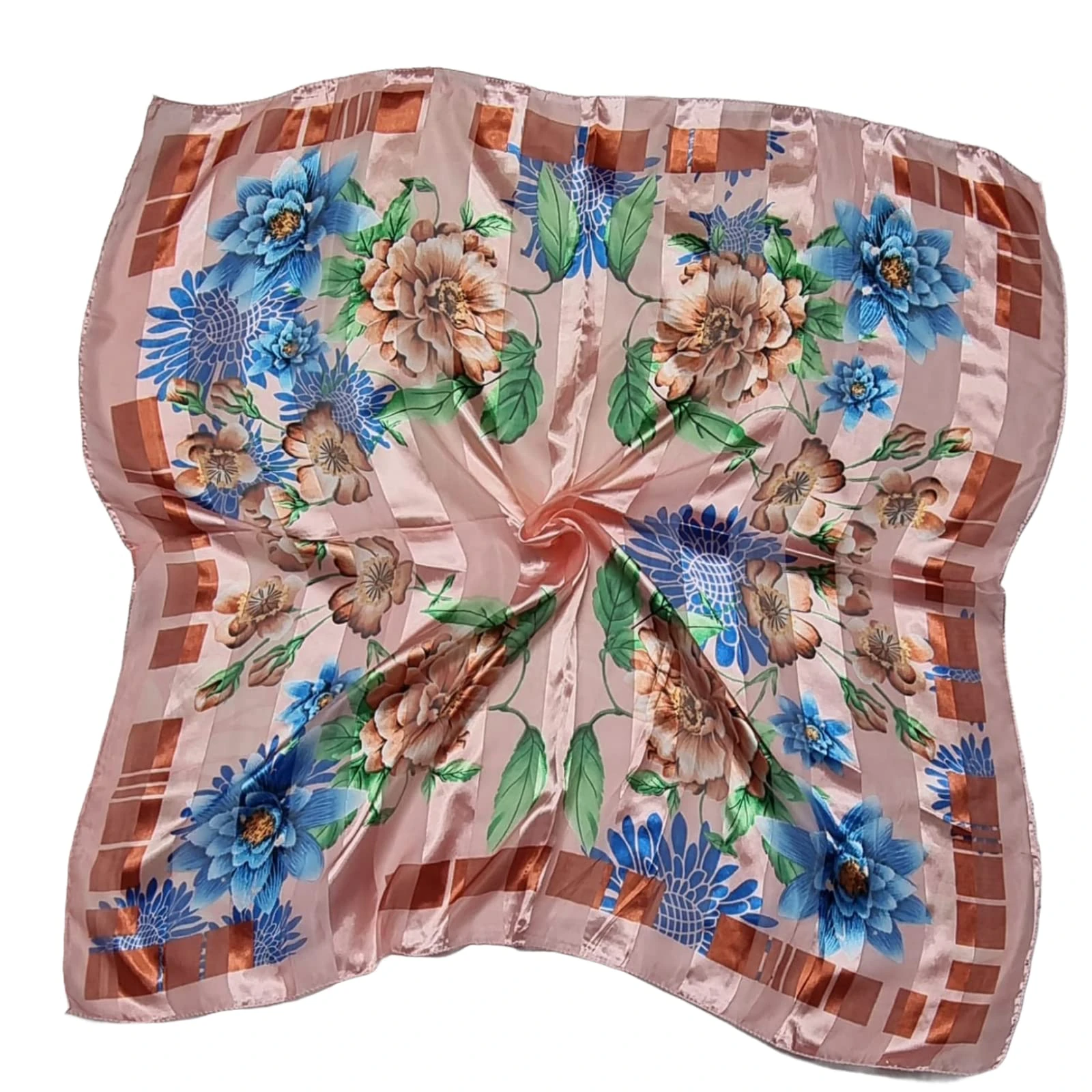 Kiran Fashion Ladies Paisley Floral Paisley Print Square Scarf Scarves Head Face Cover Satin Silk Headwrap Bandana (Peach N Blue Floral)