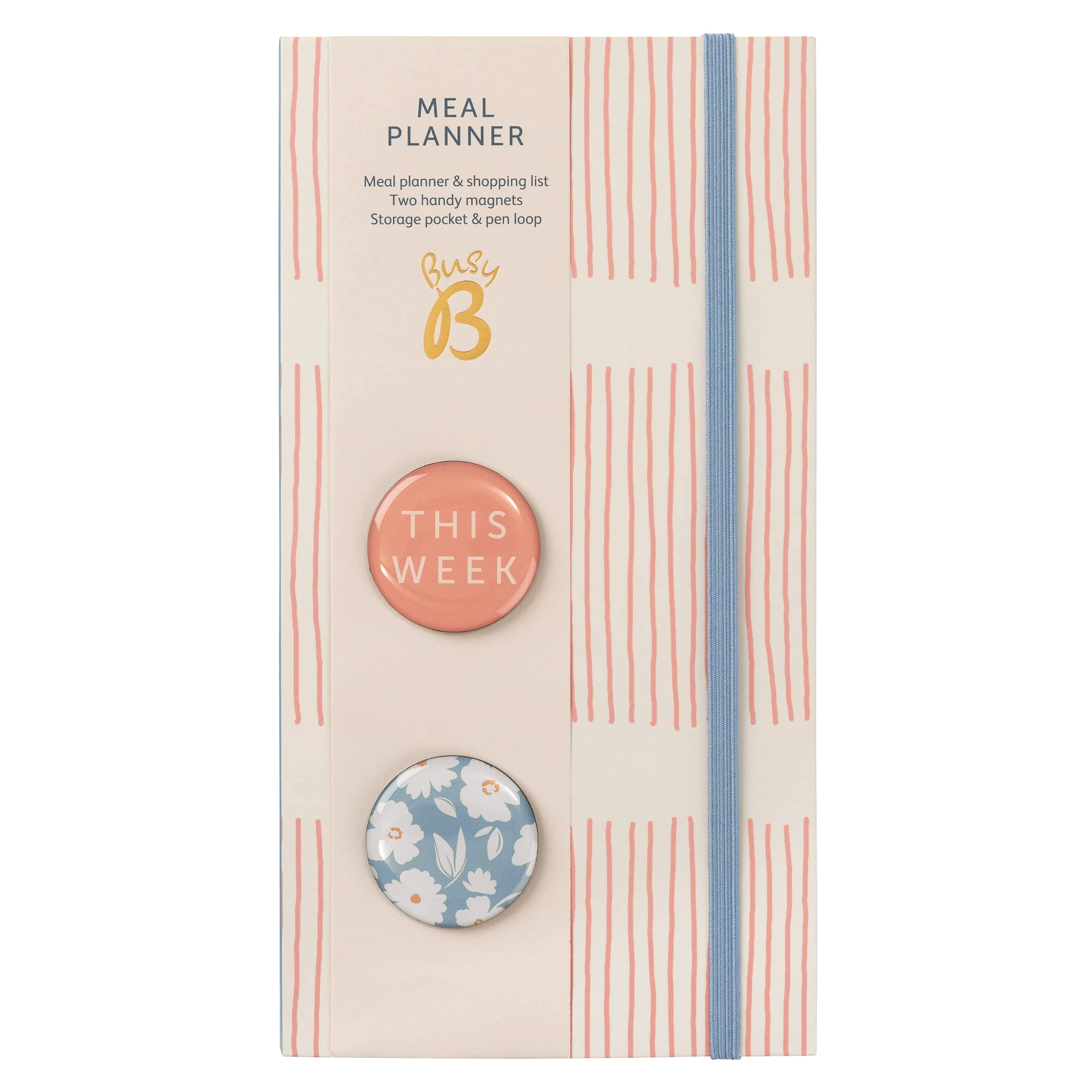 Busy B Pink Stripe Meal Planner - Weekly Tear-Off Meal Planner, Shopping Lists, Storage Pocket, Elastic Closure, Pen Loop and Two Magnets - FSC® Certified