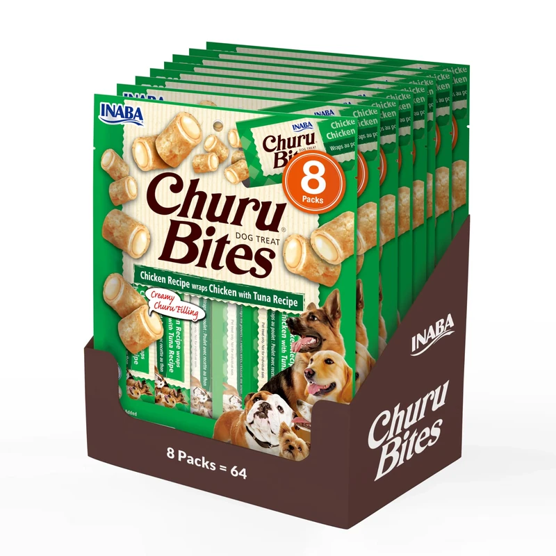 Churu Bites by INABA Dog Treat - Chicken & Tuna Flavour 8 Pack (64 x 12g total) / Crispy Pouches with Creamy Filling Treat, Delicious Healthy Snack for Dogs, Training Natural, Grain Free, Green