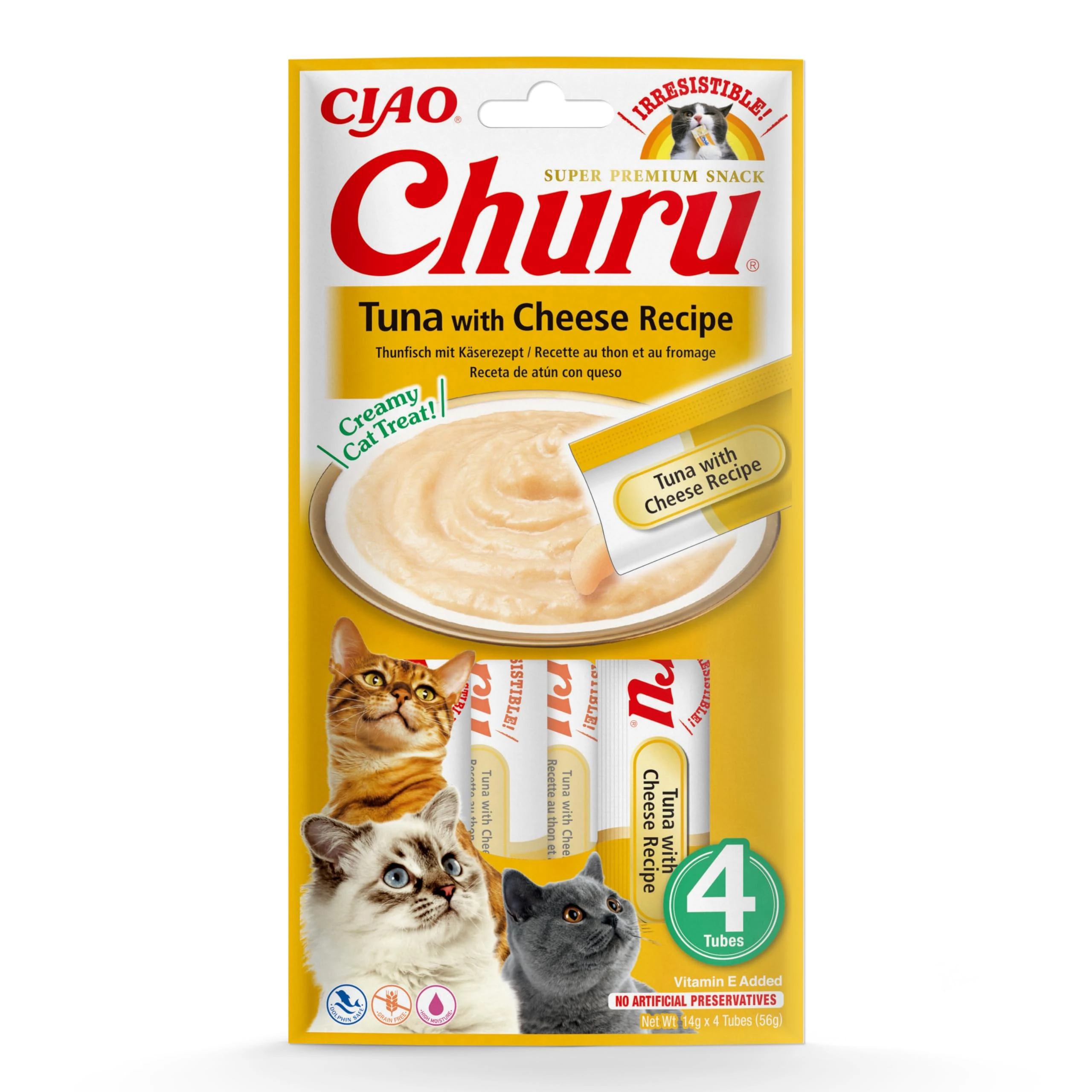Ciao Churu Sticks by INABA Cat Treat - Tuna & Cheese Flavour (4 x 14g) / Soft & Creamy Cat Treat, Delicious & Healthy Snack, Squeezable Purée Food Topper, Pill Assist, Natural, Grain Free