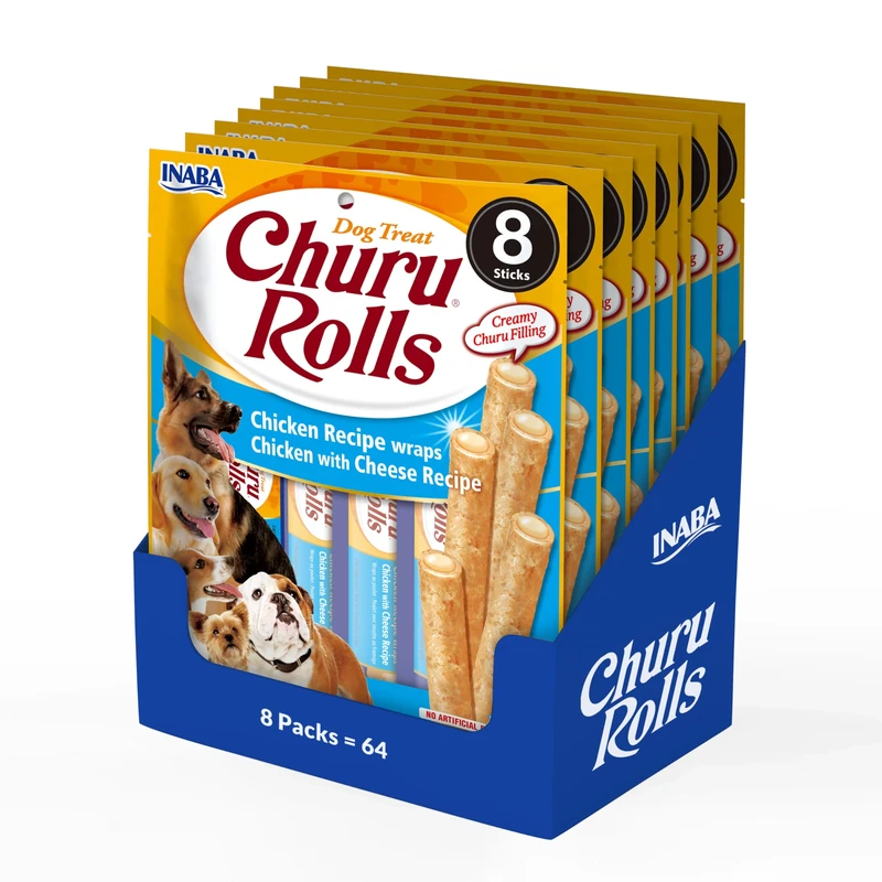 Churu Rolls by INABA Dog Treat - Chicken & Cheese Flavour 8 Pack (64 x 12g total) / Crispy Sticks with Creamy Filling Dog Treat, Delicious & Healthy Snack, Hand Feeding, Training, Natural, Grain Free