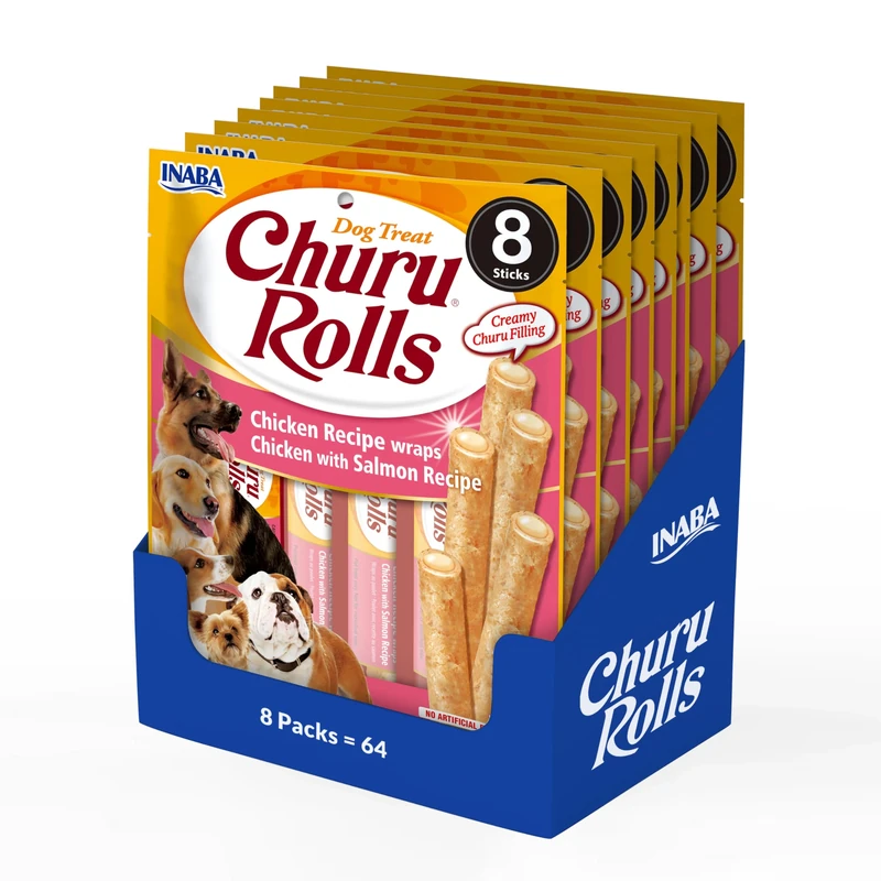 Churu Rolls by INABA Dog Treat - Chicken & Salmon Flavour 8 Pack (64 x 12g total) / Crispy Sticks with Creamy Filling Dog Treat, Delicious & Healthy Snack, Hand Feeding, Training, Natural, Grain Free