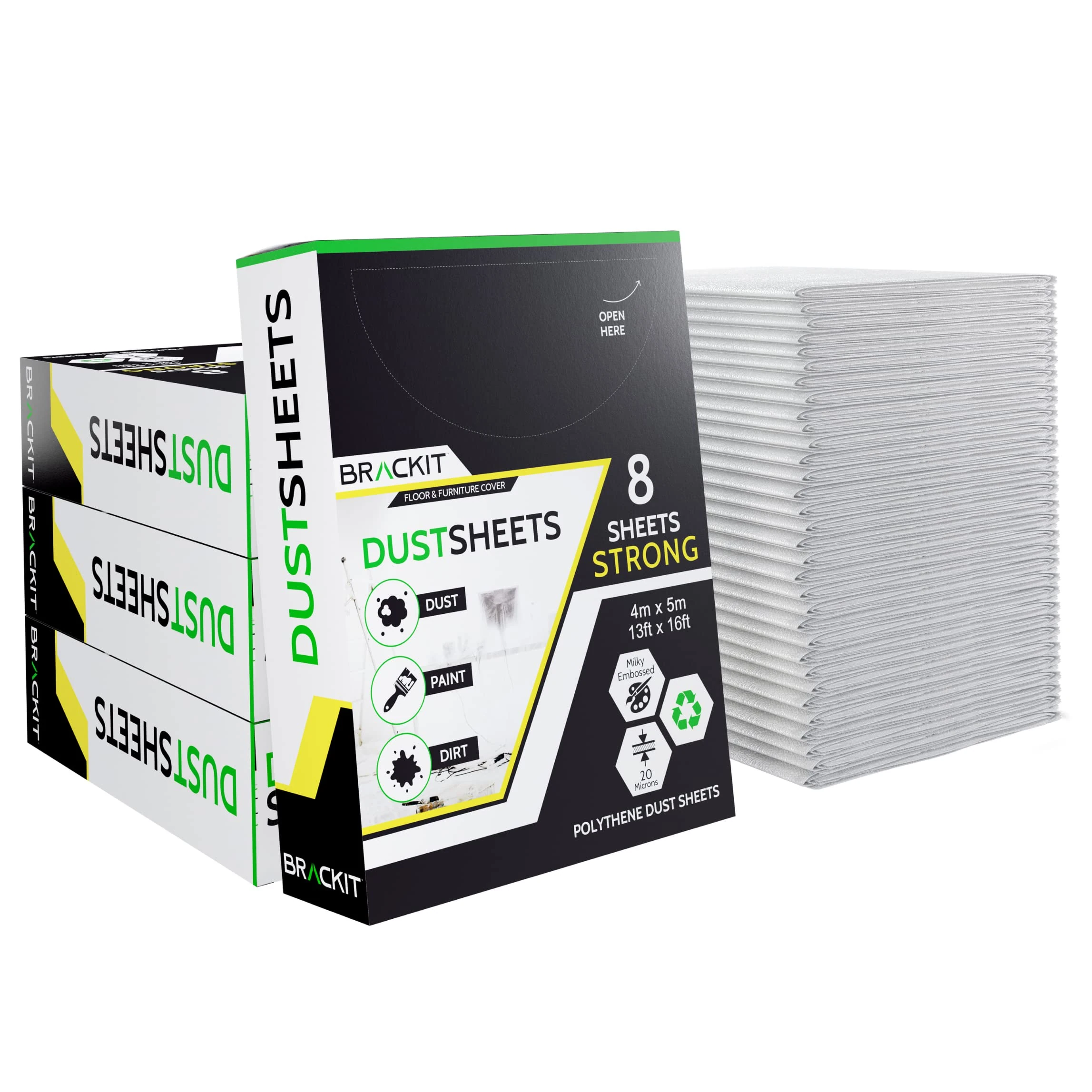 Brackit 32 Super Pack - X Large Plastic Dust Sheet for Decorating - 5 x 4m (16 x 13ft) - 20 Micron - Embossed White Plastic Sheets for Painting - Waterproof Plastic Sheets for Painting & Covering