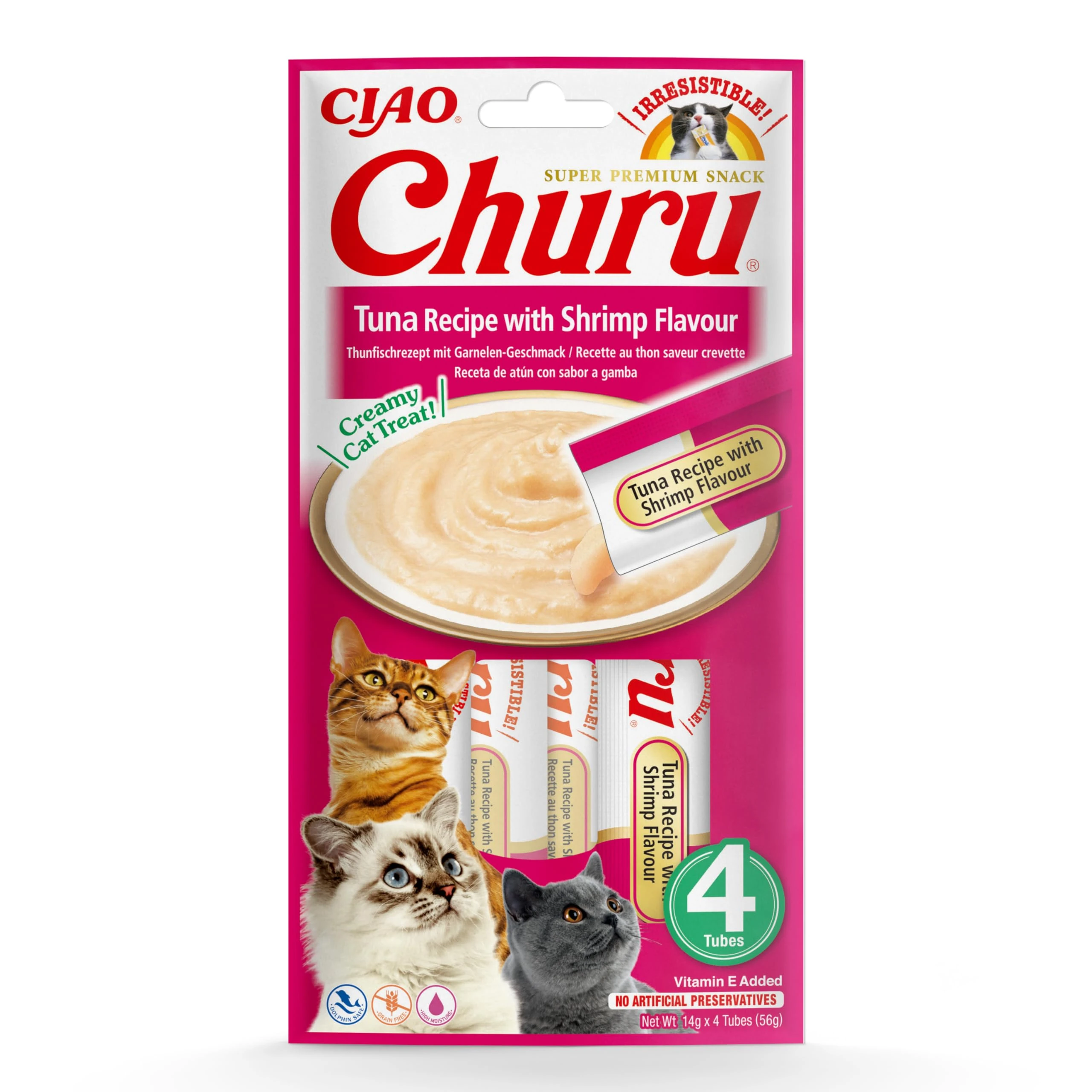 Ciao Churu Sticks by INABA Cat Treat - Tuna & Shrimp (4 x 14g) / Soft & Creamy Cat Treat, Delicious & Healthy Snack, Squeezable Purée Food Topper, Pill Assist, Natural, Grain Free