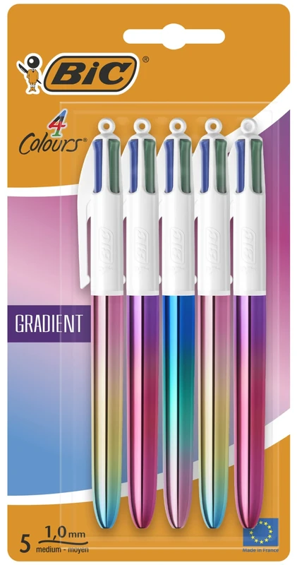 BiC 4 Colours Gradient Retractable Ball Pen Medium Points (1.00 mm) - Tri-Colour Gradient Barrel Designs, Pack of 5 (511011)