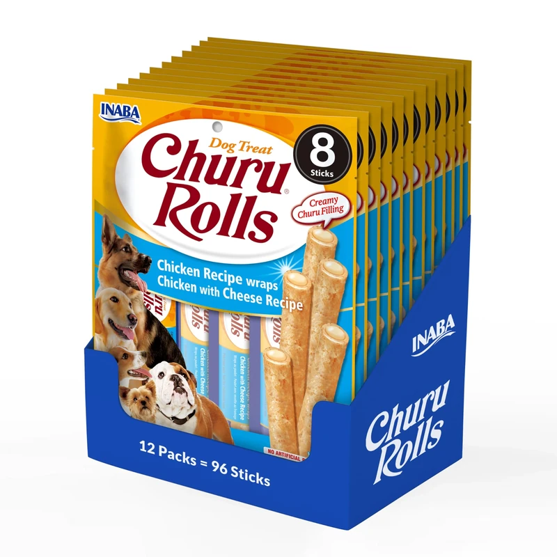 Churu Rolls by INABA Dog Treat - Chicken Flavour 8 Pack (64 x 12g total) / Crispy Sticks with Creamy Filling Dog Treat, Delicious & Healthy Snack, Hand Feeding, Training Snack, Natural, Grain Free