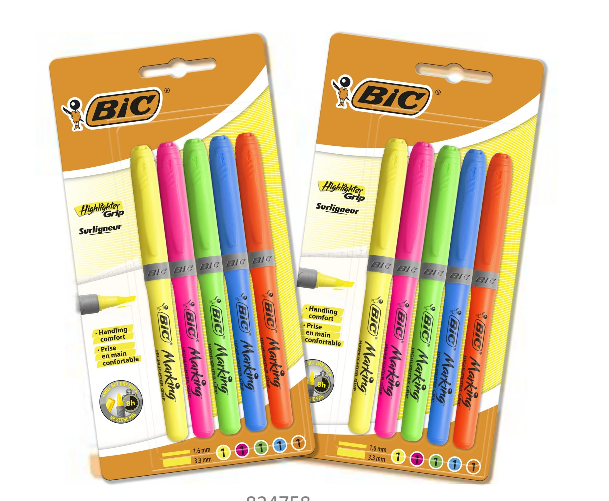 Bic 511032 Highlighter Grip Pens with Modular Chiselled Nib and Water-Based Ink - Assorted Colours- 10 (2 Packs of 5)