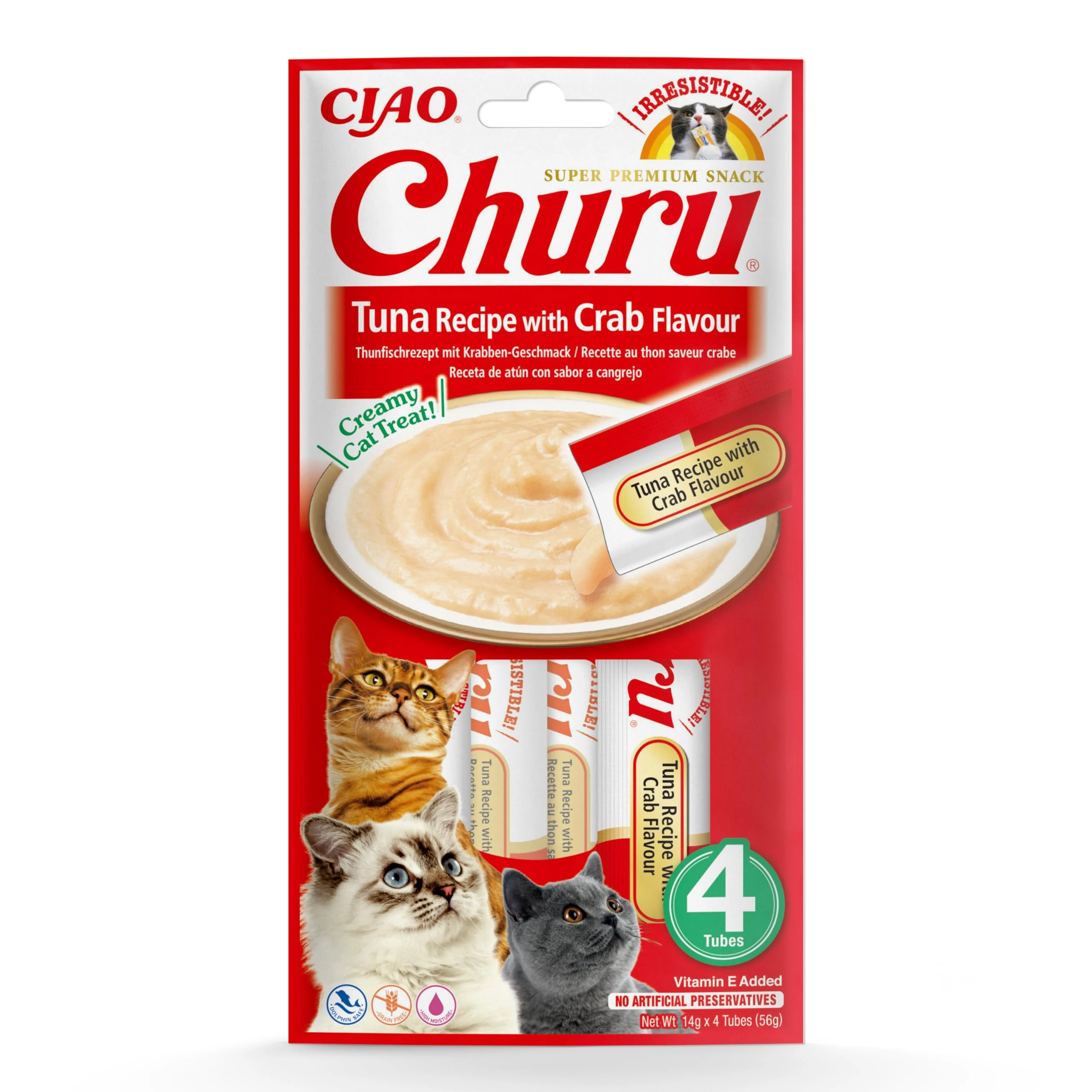 Ciao Churu Sticks by INABA Cat Treat - Tuna & Crab Flavour (4 x 14g) / Soft & Creamy Cat Treat, Delicious & Healthy Snack, Squeezable Purée Food Topper, Pill Assist, Natural, Grain Free
